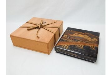 平安象彦　銀縁　木製　蒔絵　純銀水滴　若田石硯(硯箱、共箱付き)(R-062749)