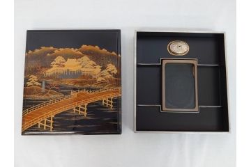 平安象彦　銀縁　木製　蒔絵　純銀水滴　若田石硯(硯箱、共箱付き)(R-062749)