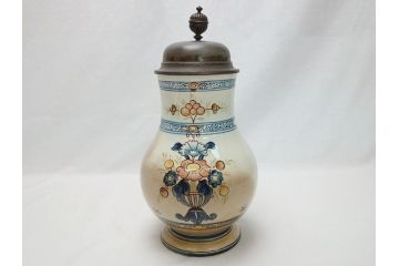 ドイツ　独逸　色絵花文　蓋付き　ジョッキ(ビアマグ、ビールポット、ビールジョッキ、陶器、酒器、共箱付き)(R-062768)