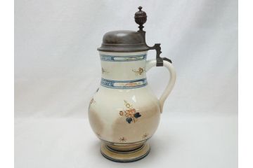 ドイツ　独逸　色絵花文　蓋付き　ジョッキ(ビアマグ、ビールポット、ビールジョッキ、陶器、酒器、共箱付き)(R-062768)