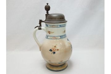 ドイツ　独逸　色絵花文　蓋付き　ジョッキ(ビアマグ、ビールポット、ビールジョッキ、陶器、酒器、共箱付き)(R-062768)