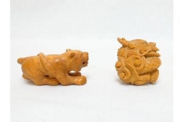 寿康斎　虎　竜　根付2点(トラ、龍、提げ物、共箱付き)(R-062774)