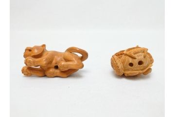 寿康斎　虎　竜　根付2点(トラ、龍、提げ物、共箱付き)(R-062774)