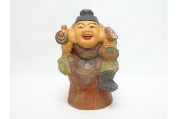 彫刻家　加納鉄哉　木彫り　彩色　古式大黒天像(置物、置き物、仏像、共箱付き)(R-062784)