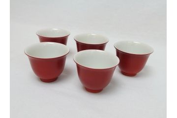 山越弘悦(北大路魯山人の赤絵師)　赤呉須　煎茶碗5客セット(色絵、呉須赤絵、玉露碗、猪口)(R-062785)