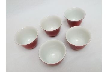 山越弘悦(北大路魯山人の赤絵師)　赤呉須　煎茶碗5客セット(色絵、呉須赤絵、玉露碗、猪口)(R-062785)