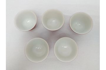 山越弘悦(北大路魯山人の赤絵師)　赤呉須　煎茶碗5客セット(色絵、呉須赤絵、玉露碗、猪口)(R-062785)