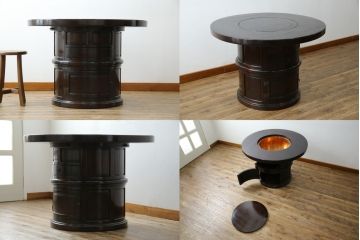中古　美品　広島県　博永家具　漆塗り　便利な収納付き!!シックな色合いと和モダンデザインが魅力的な囲炉裏テーブルセット(ダイニングテーブル、ラウンドテーブル、4人掛け、4P、ダイニングチェア、板座チェア、椅子、イス、いす、食卓、木製火鉢)(定価約130万円)(R-062789)
