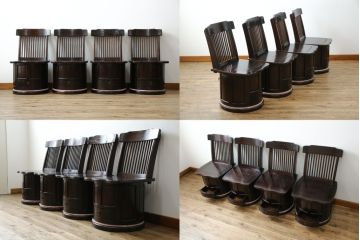 中古　美品　広島県　博永家具　漆塗り　便利な収納付き!!シックな色合いと和モダンデザインが魅力的な囲炉裏テーブルセット(ダイニングテーブル、ラウンドテーブル、4人掛け、4P、ダイニングチェア、板座チェア、椅子、イス、いす、食卓、木製火鉢)(定価約130万円)(R-062789)