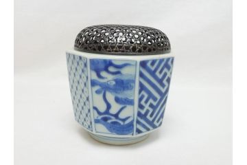 江戸期　染付　龍図　香炉(銀火屋?、仏具、箱無し)(R-062818)