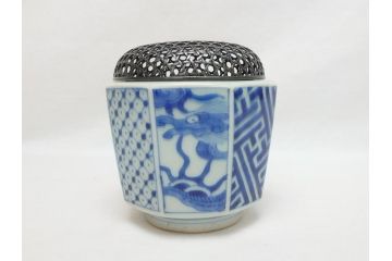 江戸期　染付　龍図　香炉(銀火屋?、仏具、箱無し)(R-062818)