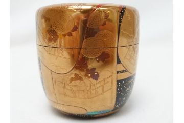 山中漆器　伝統工芸士　蒔絵師　吉田華正(利昭)　誰ヶ袖　秋柄　蒔絵　大棗(共箱付き、鹿の子梨子地、誰が袖、草花、菊、螺鈿)(R-062824)