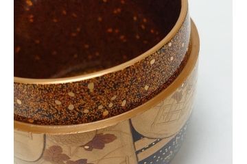 山中漆器　伝統工芸士　蒔絵師　吉田華正(利昭)　誰ヶ袖　秋柄　蒔絵　大棗(共箱付き、鹿の子梨子地、誰が袖、草花、菊、螺鈿)(R-062824)