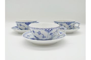 デンマーク　ROYAL COPENHAGEN(ロイヤルコペンハーゲン)　ブルーフルーテッド　ハーフレース　ティーカップ&ソーサー3客セット(洋食器、C&S)(R-062829)