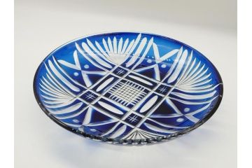 昭和初期　9寸　約27cm　青被せ切子ガラス皿(九寸、大皿、和食器)(R-062831)