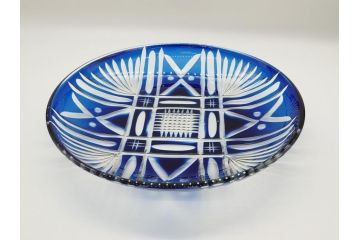 昭和初期　9寸　約27cm　青被せ切子ガラス皿(九寸、大皿、和食器)(R-062831)