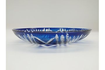 昭和初期　9寸　約27cm　青被せ切子ガラス皿(九寸、大皿、和食器)(R-062831)