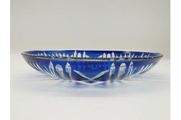 昭和初期　9寸　約27cm　青被せ切子ガラス皿(九寸、大皿、和食器)(R-062831)