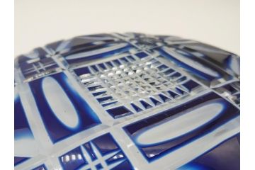 昭和初期　9寸　約27cm　青被せ切子ガラス皿(九寸、大皿、和食器)(R-062831)