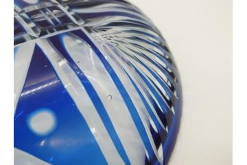 昭和初期　9寸　約27cm　青被せ切子ガラス皿(九寸、大皿、和食器)(R-062831)