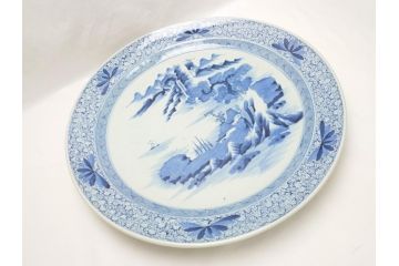 江戸期　古伊万里　染付　山水図　花唐草文　1尺7寸　約52cm　大皿(一尺七寸、和食器、和皿)(R-062835)