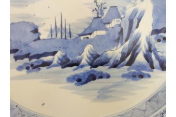 江戸期　古伊万里　染付　山水図　花唐草文　1尺7寸　約52cm　大皿(一尺七寸、和食器、和皿)(R-062835)