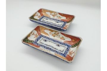 江戸期　上手物　古伊万里　金彩　色絵　染付　松竹梅文　6.6寸　約20cm　長皿2枚セット(和食器、和皿、角皿、6寸6分)(R-062885)