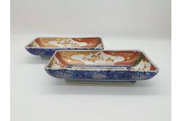 江戸期　上手物　古伊万里　金彩　色絵　染付　松竹梅文　6.6寸　約20cm　長皿2枚セット(和食器、和皿、角皿、6寸6分)(R-062885)