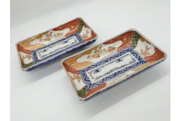 江戸期　上手物　古伊万里　金彩　色絵　染付　松竹梅文　6.6寸　約20cm　長皿2枚セット(和食器、和皿、角皿、6寸6分)(R-062885)