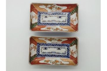 江戸期　上手物　古伊万里　金彩　色絵　染付　松竹梅文　6.6寸　約20cm　長皿2枚セット(和食器、和皿、角皿、6寸6分)(R-062885)