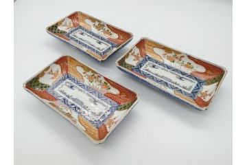 江戸期　上手物　古伊万里　金彩　色絵　染付　松竹梅文　6.6寸　約20cm　長皿3枚セット(和食器、和皿、角皿、6寸6分)(R-062886)