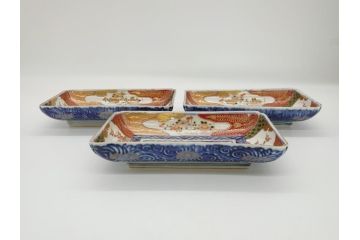 江戸期　上手物　古伊万里　金彩　色絵　染付　松竹梅文　6.6寸　約20cm　長皿3枚セット(和食器、和皿、角皿、6寸6分)(R-062886)