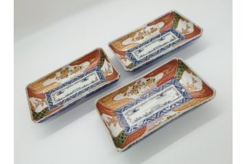 江戸期　上手物　古伊万里　金彩　色絵　染付　松竹梅文　6.6寸　約20cm　長皿3枚セット(和食器、和皿、角皿、6寸6分)(R-062886)
