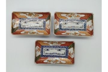 江戸期　上手物　古伊万里　金彩　色絵　染付　松竹梅文　6.6寸　約20cm　長皿3枚セット(和食器、和皿、角皿、6寸6分)(R-062886)