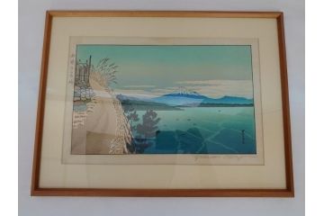 奥山儀八郎　木版画　日本風景版画　由井さった峠　富士山　駿河湾(絵画、多色刷、額装、由比)(R-062890)