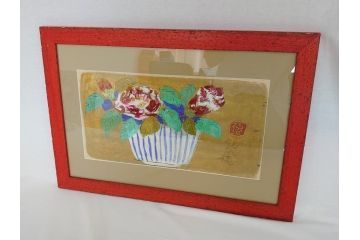 渡辺俊明　蓮笑庵　墨彩画　鉢に椿(絵画、額装)(R-062896)