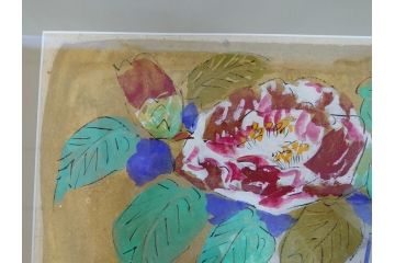 渡辺俊明　蓮笑庵　墨彩画　鉢に椿(絵画、額装)(R-062896)