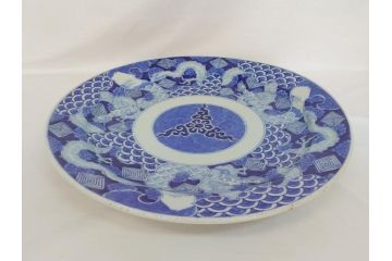 江戸期　古伊万里　染付　山水　龍　波　1尺5寸　約47cm　大皿(一尺五寸、和食器、和皿)(R-062897)