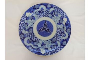 江戸期　古伊万里　染付　山水　龍　波　1尺5寸　約47cm　大皿(一尺五寸、和食器、和皿)(R-062897)