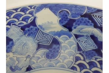 江戸期　古伊万里　染付　山水　龍　波　1尺5寸　約47cm　大皿(一尺五寸、和食器、和皿)(R-062897)