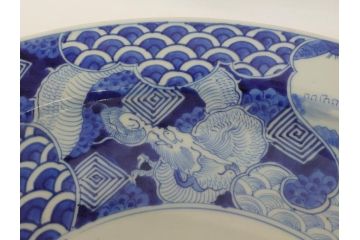 江戸期　古伊万里　染付　山水　龍　波　1尺5寸　約47cm　大皿(一尺五寸、和食器、和皿)(R-062897)
