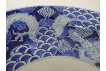 江戸期　古伊万里　染付　山水　龍　波　1尺5寸　約47cm　大皿(一尺五寸、和食器、和皿)(R-062897)