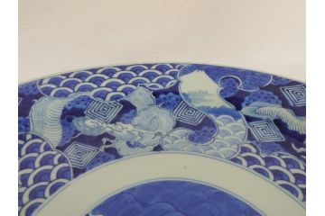 江戸期　古伊万里　染付　山水　龍　波　1尺5寸　約47cm　大皿(一尺五寸、和食器、和皿)(R-062897)
