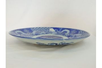 特大!　江戸期　古伊万里　染付　山水　龍　波　1尺8寸　約55cm　大皿(一尺八寸、和食器、和皿)(R-062899)