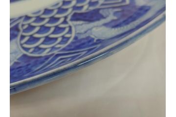 特大!　江戸期　古伊万里　染付　山水　龍　波　1尺8寸　約55cm　大皿(一尺八寸、和食器、和皿)(R-062899)