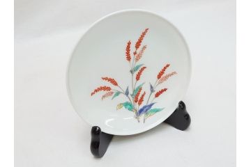 重要無形文化財　人間国宝　十四代柿右衛門(酒井田柿右衛門)　錦　蓼文　4.4寸　約13.5cm　額皿(共箱付き、皿立て付き、色絵、和皿、和食器、四寸四分)(R-062908)