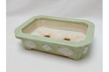 青磁　陽刻　植木鉢(アンティーク雑貨)(R-062915)