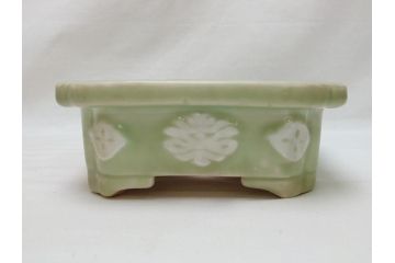 青磁　陽刻　植木鉢(アンティーク雑貨)(R-062915)
