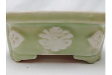 青磁　陽刻　植木鉢(アンティーク雑貨)(R-062915)