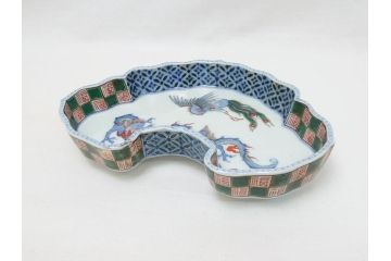 江戸　伊万里　色絵　染付　龍・鳳凰の図　二重角福　渦福　変形皿(和食器)(R-062917)
